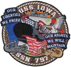 SSN-797 USS Iowa
Namesake. State of Iowa
Ordered. 28 Apr 2014
Builder. General Dynamics Electric Boat, Groton, CT
Laid down. 20 Aug 2019
Christened. 17 Jun 2023
Status. Under construction
Class and type. Virginia-class fast-attack submarine
Displacement. 7,800 tons
Length. 377 ft (115 m)
Beam. 34 ft (10.4 m)
Draft. 32 ft (9.8 m)
Propulsion. S9G reactor auxiliary diesel engine
Speed. 25 knots (46 km/h; 29 mph)
Endurance. can remain submerged for up to 3 months
Test depth. greater than 800 ft (244 m)
Complement. 15 officers; 120 enlisted men
Armament:	
12 x VLS tubes
4 x 21-inch (530 mm) torpedo tubes for Mk-48 torpedoes
BGM-109 Tomahawk

