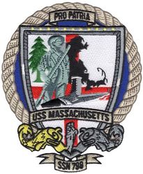 SSN-798 USS Massachusetts
Namesake. Commonwealth of Massachusetts
Ordered. 28 Apr 2014
Builder. Newport News Shipbuilding, Newport News, Virginia
Laid down. 11 Dec 2020
Christened. 6 May 2023
Motto. Pro Patria "For Country"
Status. Under construction
Class and type. Virginia-class fast-attack submarine
Displacement. 7,800 tons
Length. 377 ft (115 m)
Beam. 34 ft (10.4 m)
Draft. 32 ft (9.8 m)
Propulsion. S9G reactor auxiliary diesel engine
Speed. 25 knots (46 km/h)
Endurance. can remain submerged for up to 3 months
Test depth. greater than 800 ft (244 m)
Complement.  15 officers; 120 enlisted
Armament. 12 VLS tubes, four 21 inch (530 mm) torpedo tubes for Mk-48 torpedoes 
BGM-109 Tomahawk


