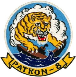 Patrol Squadron 8 (VP-8)
Established as Patrol Squadron TWO HUNDRED ONE (VP-201) on 1 Sep 1942. Redesignated Patrol Bombing Squadron TWO HUNDRED ONE (VPB-201) on 1 Oct 1944; Patrol Squadron TWO HUNDRED ONE (VP-201) on 15 May 1946; atrol Squadron, Medium Seaplane ONE (VP-MS-1) on 15 Nov 1946; Patrol Squadron, Medium Landplane EIGHT (VP-ML-8) on 5 Jun 1947; Patrol Squadron EIGHT (VP-8) on 1 Sep 1948, the second squadron to be assigned the VP-8 designation.

Lockheed P-3B Orion, 1965-1981
Lockheed P-3C UII Orion, 1981-1985
Lockheed P-3C UII.5 Orion, 1985-1994
Lockheed P-3C UIIIR Orion, 1994-2014
Boeing P-8 Poseidon, 2014-.

Insignia (5th) “The Tigers” approved by CNO on 21 Mar 1967.

