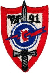 Fighter Squadron 91 (VF-91) (2nd)
Established as Fighter Squadron NINETY ONE (VF-91) (2nd) on 26 Mar 1952. Redesignated Fighter Squadron ONE HUNDRED NINETY FOUR (VF-194) (3rd) “Red Lightning” on 1 Aug 1963. Disestablished on 1 Mar 1978. Reestablished on 1 Dec 1986. Disestablished on 29 Apr 1988.

Grumman F9F-2 Panther, 1952-1954
Grumman F9F-6 Cougar, 1954-1956
North American FJ-3 Fury, 1956-1958
Vought F8U-1/2/F-8E/J Crusader, 1958-1976
McDonnell Douglas F-4J Phantom II, 1976-1978

Insignia approved in 1952.

Deployments.
VF-91
15 Dec 1952-14 Aug 1953 USS Philippine Sea (CV-47) CVG-9, F9F-2, WestPac/Korea	
11 May 1954-12 Dec 1954 USS Hornet (CVA-12) 	CVG-9, F9F-6, World Cruise
29 Oct 1955-17 May 1956 USS Kearsage	 (CVA-33 ) CVG-5, F9F-6,	 WestPac
11 Feb 1956-13 Jun 1956 USS Oriskany (CVA-34) CVG-9,	F9F-6, WestPac
16 Sep 1957-25 Apr 1958 USS Ticonderoga (CVA-14) CVG-9, FJ-3, WestPac	
6 Feb  1960-30 Aug 1960 USS Ranger (CVA-61) CVG-9, F8U-2, WestPac	
11 Aug 1961-8 Mar 1962 USS Ranger (CVA-61) CVG-9, F8U-2, WestPac
9 Nov 1962-14 Jun 1963	USS Ranger (CVA-61) CVG-9, F-8C, WestPac	

