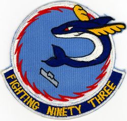 Fighter Squadron 93 (VF-93)
Established as Fighter Squadron NINETY THREE (VF-93) (2nd) on 12 Aug 1948. Disestablished on 30 Nov 1949. Established as Fighter Squadron NINETY THREE (VF-93) on 26 Mar 1952. Redesignated Attack Squadron NINETY THREE (VA93) on 15 Sep 1956. Disestablished on 31 Aug 1986. The first squadron to be assigned the VA-93 designation.

Grumman F8F-2 Bearcat, 1948-1949
Grumman F9F-2 Panther, 1952-1953
Grumman F9F-5 Panther, 1952-1953
Grumman F9F-6 Panther, 1955-1956

Insignia approved on 14 Apr 1954.

