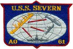 A0-61 USS SEVERN
Namesake. The Chesapeake Bay in Maryland and Virginia, The Severn River in MD
Builder. Bethlehem-Sparrows Point Shipyard, Sparrows Point, MD
Ordered. as T3-S2-A1 tanker hull, MC hull 727
Launched. 31 May 1944
Commissioned. 19 Jul 1944
Decommissioned. 3 Jul 1950
Recommissioned. 29 Dec 1950
Decommissioned. Jul 1974
Stricken. 1 Jul 1974
Homeport. Newport RI
Fate. Scrapped 22 Jan 1975
Class and type. Cimarron-class fleet oiler
Displacement. 7,236 t.(lt) 25,440 t.(fl)
Length. 553 ft (169 m)
Beam. 75 ft (23 m)
Draught	. 32 ft (9.8 m)
Propulsion. geared turbines, twin screws, 30,400hp
Speed. 18 kts
Capacity. 146,000 barrels
Complement. 314
Armament. one single 5 in (130 mm) dual purpose gun mount; four single 3 in (76 mm) dual purpose gun mounts; four twin 40 mm AA gun mounts; four twin 20 mm AA gun mounts

