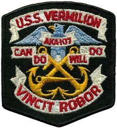 AKA-107 USS Vermilion 
Namesake. Vermilion County, Il; Vermilion Parish, LA
Builder.	North Carolina Shipbuilding Company, Wilmington, NC
Laid down. 17 Oct 1944
Launched. 12 Dec 1944
Commissioned. 23 Jun 1945
Decommissioned. 26 Aug 1949
Recommissioned. 16 Oct 1950
Decommissioned. 13 Apr 1971
Stricken. 1 Jan 1977
Motto. Vincit Robor (Latin: "Strength to Conquer")
Fate. Sunk as artificial reef 24 Aug 1988
Class and type. Tolland-class attack cargo ship
Displacement. 13,910 long tons (14,133 t) full
Length. 489 ft 2 in (149.10 m)
Beam. 63 ft (19 m)
Draft. 26 ft 4 in (8.03 m)
Propulsion. GE geared turbine drive, 1 propeller, 6,000 shp (4,474 kW)
Speed. 16.5 knots (30.6 km/h; 19.0 mph)
Complement. 425
Armament.	
1 × 5"/38 caliber gun
4 × twin 40 mm guns
16 × single 20 mm guns

