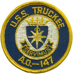 AO-147 USS Truckee  
Namesake. Truckee River in NV and CA
Builder. New York Shipbuilding, Camden, NJ
Laid down. 21 Dec 1953
Launched. 10 Mar 1955
Commissioned. 18 Nov 1955
Decommissioned. 30 Jan 1980
In service. 30 Jan 1980
Out of service. 1994
Reclassified. T-AO-147, 30 Jan 1980
Stricken. 18 July 1997
Motto. Servimus (Latin: "We Serve")
Fate. Scrapped on 6 Aug 2008
Class and type. Neosho-class oiler
Displacement.	
11,600 long tons (11,786 t) light
38,000 long tons (38,610 t) full
Length	655 ft (200 m)
Beam. 86 ft (26 m)
Draft. 35 ft (11 m)
Propulsion.	
2 geared turbines
2 boilers
2 shafts
28,000 shp (20.9 MW)
Speed. 20 knots (37 km/h; 23 mph)
Capacity. 180,000 bbl (29,000 m3)
Complement	
USS : 324
USNS : 106 Civilian mariners, 21 Navy
Armament.	
2 × single 5"/38 caliber dual purpose guns
6 × twin 3"/50 caliber dual purpose guns

