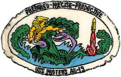AS-19 USS Proteus 
Namesake. In Greek mythology, Proteus is an early prophetic sea god or god of rivers and oceanic bodies of water
Builder. Moore Dry Dock Co, Oakland, CA
Laid down. 15 September 1941
Launched. 12 November 1942
Commissioned. 31 January 1944
Decommissioned. 26 September 1947
Recommissioned. 8 July 1960
Decommissioned. September 1992
Recommissioned. 1994, reclassified IX-518
Decommissioned. September 1999
Stricken. 13 March 2001
Fate. Scrapped, 2007
Class and type. Fulton-class submarine tender
Displacement. 9,734 long tons (9,890 t)
Length. 529 ft 6 in (161.39 m)
Beam. 73 ft 4 in (22.35 m)
Propulsion. diesel-electric
Speed. 18.5 knots (34.3 km/h; 21.3 mph)
Complement. 1,487
Armament:	
4 × 5"/38 caliber guns
8 × 40 mm guns

