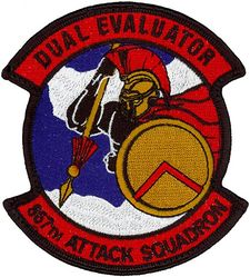 867th Attack Squadron Dual Evaluator
Organized as 92 Aero Squadron on 21 Aug 1917. Demobilized on 21 Dec 1918. Reconstituted, and consolidated (1942), with 17 Reconnaissance Squadron (Light), which was constituted on 20 Nov 1940. Activated on 15 Jan 1941. Redesignated as: 92 Bombardment Squadron (Light) on 14 Aug 1941; 92 Reconnaissance Squadron (Medium) on 30 Dec 1941; 433 Bombardment Squadron (Medium) on 22 Apr 1942; 10 Antisubmarine Squadron (Heavy) on 29 Nov 1942; 867 Bombardment Squadron (Heavy) on 21 Oct 1943. Inactivated on 4 Jan 1946. Redesignated as 867 Reconnaissance Squadron on 9 Aug 2012. Activated on 10 Sep 2012.
 
