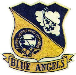 USN Flight Exhibition Team Blue Angels F8F-1 Bearcat
The Blue Angels were originally formed on 24 Apr 1946 as the Navy Flight Exhibition Team by the Chief of Naval Operations, Admiral Chester Nimitz, who had a vision to create a flight exhibition team in order to raise the public's interest in naval aviation and boost Navy morale. The name changed to Blue Angels and first introduced at an air show in Jul 1946.
To boost Navy morale, demonstrate naval air power, and maintain public interest in naval aviation, an underlying mission was to help the Navy generate public and political support for a larger allocation of the shrinking defense budget.
The original Blue Angels insignia or crest was designed in 1949, by Lt. Commander Raleigh "Dusty" Rhodes, their third Flight Leader and first jet fighter leader. The aircraft silhouettes change as the team changes aircraft.
The Navy Flight Exhibition Team was reorganized and commissioned the United States Navy Flight Demonstration Squadron on 10 Dec 1973.

Grumman F6F-5 Hellcat, Jun-Aug 1946.
Grumman F8F-1 Bearcat, Aug 1946-1949.
Grumman F9F-2 Panther, 1949-Jun 1950 (first jet); F9F-5 Panther, 1951-1955.
Grumman F9F-8 Cougar, 1954-1957.
Grumman F11F-1 (F-11) Tiger, 1957-1968. 
McDonnell Douglas F-4J Phantom II, 1969-1974.
Douglas A-4F Skyhawk, 1974-1986.
McDonnell Douglas F/A-18 Hornet (F/A-18B as #7), 1986 -2010.
Boeing F/A-18A/C (B/D as #7) Hornet, 2010-2020.
Boeing F/A-18E Super Hornet (F/A-18F as #7), 2020.

