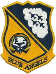 USN Flight Demonstration Squadron Blue Angels A-4 Skyhawk
The Blue Angels were originally formed on 24 Apr 1946 as the Navy Flight Exhibition Team by the Chief of Naval Operations, Admiral Chester Nimitz, who had a vision to create a flight exhibition team in order to raise the public's interest in naval aviation and boost Navy morale. The name changed to Blue Angels and first introduced at an air show in Jul 1946.
To boost Navy morale, demonstrate naval air power, and maintain public interest in naval aviation, an underlying mission was to help the Navy generate public and political support for a larger allocation of the shrinking defense budget.
The original Blue Angels insignia or crest was designed in 1949, by Lt. Commander Raleigh "Dusty" Rhodes, their third Flight Leader and first jet fighter leader. The aircraft silhouettes change as the team changes aircraft.
The Navy Flight Exhibition Team was reorganized and commissioned the United States Navy Flight Demonstration Squadron on 10 Dec 1973.

Grumman F6F-5 Hellcat, Jun-Aug 1946.
Grumman F8F-1 Bearcat, Aug 1946-1949.
Grumman F9F-2 Panther, 1949-Jun 1950 (first jet); F9F-5 Panther, 1951-1955.
Grumman F9F-8 Cougar, 1954-1957.
Grumman F11F-1 (F-11) Tiger, 1957-1968. 
McDonnell Douglas F-4J Phantom II, 1969-1974.
Douglas A-4F Skyhawk, 1974-1986.
McDonnell Douglas F/A-18 Hornet (F/A-18B as #7), 1986 -2010.
Boeing F/A-18A/C (B/D as #7) Hornet, 2010-2020.
Boeing F/A-18E Super Hornet (F/A-18F as #7), 2020.

