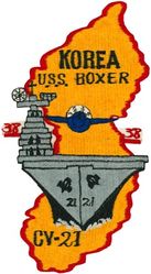 CV-21 USS Boxer WESTERN PACIFIC & KOREA CRUISE 1950
Namesake. HMS Boxer, a 12-gun Bold-class gun-brig built and launched in Jul 1812, captured by USS Enterprise near Portland , ME in Sep 1813
Ordered. 1943
Builder. Newport News Shipbuilding, NY
Laid down. 13 Sep 1943
Launched. 14 Dec 1944
Commissioned. 16 Apr 1945
Decommissioned. 1 Dec 1969
Reclassified:	
CVA-21, 1 Oct 1952
CVS-21, 15 Nov 1955
LPH-4, 30 Jan 1959
Stricken. 1 Dec 1969
Fate. Scrapped at Kearny, Feb 1971
Class and type. Essex-class aircraft carrier
Displacement. 27,100 long tons (27,500 t) standard
Length. 888 feet (271 m) overall
Beam. 93 feet (28 m)
Draft. 28 feet 7 inches (8.71 m)
Installed power. 8 × boilers 150,000 shp (110 MW)
Propulsion:	
4 × geared steam turbines
4 × shafts
Speed. 33 knots (61 km/h; 38 mph)
Complement. 3448 officers and enlisted
Armament:	
12 × 5 inch (127 mm)/38 caliber guns
32 × Bofors 40 mm guns
46 × Oerlikon 20 mm cannons
Armor. Belt: 4 in, Hangar deck: 2.5 in, Deck: 1.5 in, Conning tower: 1.5 in
Aircraft carried. 	90–100 aircraft

