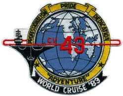 CV-43 USS Coral Sea WORLD CRUISE 1983
Namesake. Coral Sea, The Battle of the Coral Sea, 4-8 May 1942, a major naval battle between the Imperial Japanese Navy (IJN) and naval and air forces of the USA and Australia.
Ordered. 14 Jun 1943
Builder. Newport News Shipbuilding
Laid down. 10 Jul 1944
Launched. 2 Apr 1946
Commissioned. 1 Oct 1947
Reclassified:
CVB-43. 15 Jul 1943
CVA-43. 1 Oct 1952
CV-43. 30 Jun 1975
Decommissioned. 26 Apr 1990
Stricken. 28 Apr 1990
Motto. Older and Bolder
Fate. Scrapped, 8 Sep 2000
Class and type. Midway-class aircraft carrier
Displacement:	
45,000 long tons (46,000 t) (standard)
60,000 long tons (61,000 t) (full load) [3]
Length:
899 ft 9 in (274.24 m) wl
967 ft 8 in (294.94 m) oa
Beam:	
113 ft (34 m) waterline,
136 feet (41 m) flight deck
Draft. 35 ft (11 m)
Installed power. 12 Babcock and Wilcox boilers 212,000 shp (158,000 kW)
Propulsion:	
4 Westinghouse Geared steam turbine sets
4 shafts
Speed. 33 knots (61 km/h; 38 mph)
Range. 15,000 nmi (28,000 km; 17,000 mi) at 15 kn (28 km/h; 17 mph)
Complement. 4,104 officers and men
Sensors and processing systems:
As Built:
1 x SC-2 Surveillance Radar
2 x SG Surface Search Radars (On top Mark-37 GFCS)
1 x SK-2 Air Search Radars
2 x Mk-37 GFCS
Electronic warfare & decoys. As Built: 1 x TDY-2 ECM (Anti-Radar)
Armament:	
As Built: (1949)
14 × 5"/54 caliber Mark 16 guns (14 x 1) 
40 × 3"/50 caliber guns (20 x 2)  
28 × Oerlikon 20 mm cannons (14 x 2)  
After SCB-110A Overhaul: (1960's)  
6 x 5"/54 caliber Mark 16 guns, (6 x 1) or (3 x 1)
After SCB-101.66 modernization: (1980's) 3 x Phalanx CIWS (1 x 3)
Aircraft carried:	Up to 130 (World War II); 65-70 (1980s)
Aviation facilities:	
As Built: (1949)
2 x Centreline Elevator, 1 x Deck edge Elevator, 2 x H-41 hydraulic catapults, 3 x Arresting Wires, 6 x Barricades
As Retired:
At least 4 or more Bomb elevators, 2 Hangar Bays, 3 Deck Edges elevators (2 Starboard and 1 Portside)

