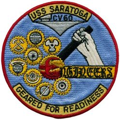 CV-60 USS Saratoga Engineers
Namesake. Battles of Saratoga, (19 Sep-7 Oct1777) the climax of the Saratoga campaign, giving a decisive victory to the Americans, supported by the French, over the British in the American Revolutionary War
Ordered. 23 Jul 1952
Builder. New York Naval Shipyard, NY
Cost. $209.7 million
Laid down. 16 Dec 1952
Launched. 8 Oct 1955
Acquired. 14 Apr 1956
Commissioned. 14 Apr 1956
Decommissioned. 20 Aug 1994
Reclassified:	
CVA-60, 1 Oct 1952
CV-60, 30 Jun 1972
Stricken. 20 Aug 1994
Fate. Scrapped in 2019
Class and type. Forrestal-class aircraft carrier
Displacement. 81,101 long tons (82,402 t) full, 61,235 long tons (62,218 t) light, 19,866 long tons (20,185 t) dead
Length. 1,063 ft (324 m)
Beam. 130 ft (40 m) waterline, 252 ft (77 m) extreme
Draft. 37 ft (11 m)
Propulsion. 4 Westinghouse geared turbines, 4 shafts, 280,000 shp (210,000 kW), 8 Babcock & Wilcox boilers
Speed. 35 kn (65 km/h; 40 mph)
Complement. 552 officers, 4988 men
Sensors and processing systems:
AN/SPS-48 3D air search radar
AN/SPS-48 2D air search radar
AN/SPS-10 surface search radar
Electronic warfare & decoys. Mark 36 SRBOC
Armament:	
8 × 5"/54 caliber Mark 42 guns (127 mm) (removed)
NATO Sea Sparrow
Phalanx CIWS
Aircraft carried. 70-90

