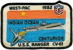 CV-61 USS Ranger WESTERN PACIFIC & INDIAN OCEAN 1982
Namesake. Ranger, captained by John Paul Jones who sailed to harass the Royal Navy
Ordered. 1 Feb 1954
Builder. Newport News Shipbuilding, VA
Cost. $182 million 
Laid down. 2 Aug 1954
Launched. 29 Sep 1956
Acquired. 1 Aug 1957
Commissioned. 10 Aug 1957
Decommissioned. 10 Jul 1993
Reclassified. CV-61, Jun 1975
Stricken	. 8 Mar 2004
Fate. Scrapped, 1 Nov 2017
Class and type. Forrestal-class aircraft carrier
Displacement:	
56,300 long tons (57,200 t) light
81,101 long tons (82,402 t) full load
Length. 	1,046 ft (319 m)
Beam. 130 ft (40 m) waterline; 249 ft 6 in (76.05 m) extreme
Draft. 37 ft (11 m)
Propulsion:	
4 geared turbines, 4 shafts, 280,000 shaft horsepower (210 MW)
8 Babcock & Wilcox boilers
Speed. 34 knots (63 km/h; 39 mph)
Complement. 3,826 officers and men.
Sensors and processing systems:	
AN/SPS-48 3D air search radar
AN/SPS-43 2D air search radar
AN/SPS-10 surface search radar
Electronic warfare & decoys. Mark 36 SRBOC
Armament:	
8 × 5"/54 caliber Mark 42 guns (127 mm) 
NATO Sea Sparrow
Phalanx CIWS
Aircraft carried. 	70-90

