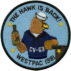 CV-63 USS Kitty Hawk WESTERN PACIFIC CRUISE 1981
Namesake. Kitty Hawk, NC, where the Wright brothers made the first controlled powered airplane flight.
Awarded. 1 Oct 1955
Builder. New York Shipbuilding Corporation, Camden, NJ
Laid down. 27 Dec 1956
Launched. 21 May 1960
Commissioned. 29 Apr 1961
Decommissioned. 12 May 2009
Reclassified. CV-63, 29 Apr 1973
Stricken . 20 Oct 2017
Homeport. Puget Sound, WA
Status. Undergoing scrapping
Class and type. Kitty Hawk-class aircraft carrier
Displacement:
61,351 long tons (62,335 t) standard
81,985 long tons (83,301 t) full load
Length. 1,068.9 ft (325.8 m) LOA
Beam:
282 ft (86 m) extreme
130 ft (40 m) waterline
Draft. 38 ft (12 m)
Propulsion. Westinghouse geared steam turbines, eight Foster Wheeler steam boilers, four shafts; 280,000 shp (210 MW)
Speed. 33 knots (61 km/h; 38 mph)
Complement. 5,624 officers and men
Armament. RIM-7 Sea Sparrow surface-to-air missiles, 2 RIM-116 RAM, 2 Phalanx CIWS Automated Anti-Missile/Aircraft Defenses
Aircraft carried. 85
Typical 2000 air wing (70 aircraft):
40 F/A 18E/F Super hornet fighter-bombers
4 EA-6B Prowler combat EW
4 E-2C Hawkeye AEW
5 SH-60F/HH-60H Sea Hawk helicopters
1 C-2A Greyhound carrier on-board delivery
