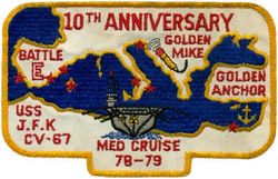 CV-67 USS John F Kennedy MEDITERRANEAN CRUISE 1978-1979
Namesake. John F Kennedy, (1917-1963), 35th president of the USA
Awarded. 30 Apr 1964
Builder. Newport News Shipbuilding, VA
Laid down. 22 Oct 1964
Launched. 27 May 1967
Christened. 27 May 1967
Commissioned. 7 Sep 1968
Decommissioned. 23 Mar 2007
Stricken. 16 Oct 2009
Fate. Sold to International Shipbreaking Limited on 6 Oct 2021 to be dismantled 
Motto Date Nolite Rogare (Give, do not ask)
Type. variant of the Kitty Hawk class aircraft carrier
Displacement:	
60,728 tons light
82,655 tons full load
21,927 tons deadweight
Length. 1,052 ft (321 m) overall, 990 ft (300 m) waterline
Beam. 252 ft (77 m) extreme, 130 ft (40 m) waterline
Height. 192 ft (59 m) from top of the mast to the waterline
Draft. 36 ft (11 m) maximum, 37 ft (11 m) limit
Installed power. 8 × Babcock & Wilcox boilers, 1,200 PSI 280,000 shp (210 MW)
Propulsion:	
4 × steam turbines
4 shafts
Speed	34 knots (63 km/h; 39 mph)
Capacity. 5,000+
Complement. 3,297 officers and men (without jet commands & crews)
Armament:	
2 × GMLS Mk 29 launchers for Sea Sparrow missiles
2 × Phalanx CIWS
2 × RAM launchers
Aircraft carried. 	80+

