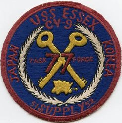 CV-9 USS Essex Supply WESTERN PACIFIC & KOREA 1951-1952
Namesake. USS Essex (1799), was a 36-gun or 32-gun sailing frigate that participated in the Quasi-War with France, the First Barbary War, and in the War of 1812
Ordered. 3 Jul 1940
Builder. Newport News Shipbuilding, VA
Laid down. 28 Apr 1941
Launched. 31 Jul 1942
Commissioned. 31 Dec 1942
Decommissioned. 9 Jan 1947
Recommissioned. 15 Jan 1951
Decommissioned. 30 Jun 1969
Reclassified:	
CVA-9, Oct 1952
CVS-9, Mar 1960
Stricken	. 1 Jun 1973
Fate. Scrapped, 1973
Class and type. Essex-class aircraft carrier
Displacement:	
27,100 long tons (27,500 t) (standard)
36,380 long tons (36,960 t) (full load)
Length:
820 feet (249.9 m) (wl)
872 feet (265.8 m) (o/a)
Beam. 93 ft (28.3 m)
Draft. 34 ft 2 in (10.41 m)
Installed power. 8 × Babcock & Wilcox boilers 150,000 shp (110,000 kW)
Propulsion:	
4 × geared steam turbines
4 × screw propellers
Speed. 33 knots (61 km/h; 38 mph)
Range. 14,100 nmi (26,100 km; 16,200 mi) at 20 knots (37 km/h; 23 mph)
Complement. 2,600 officers and enlisted men
Armament:	
12 × 5 in (127 mm) DP guns
32 × 40 mm (1.6 in) AA guns
46 × 20 mm (0.8 in) AA guns
Armor. Waterline belt: 2.5–4 in, Deck: 1.5 in, Hangar deck: 2.5 in, Bulkheads: 4 in
Aircraft carried. 90 aircraft


