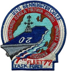 CVA-20 USS Bennington WESTERN PACIFIC CRUISE 1955-1956
Namesake. Battle of Bennington, battle of the Revolutionary War, on 16 Aug 1777, part of the Saratoga campaign, on a farm in Walloomsac, NY, near Bennington, VT
Ordered. 15 Dec 1941
Builder. New York Naval Shipyard, NY
Laid down. 15 Dec 1942
Launched. 28 Feb 1944
Commissioned. 6 Aug 1944
Decommissioned. 8 Nov 1946
Recommissioned. 13 Nov 1952
Decommissioned. 15 Janu 1970
Reclassified:	
CVA-20, 1 Oct 1952
CVS-20, 30 Jun 1959
Stricken. 20 Sep 1989
Fate. Scrapped, 12 Jan 1994
Displacement:
27,100 long tons (27,500 t) (standard)
36,380 long tons (36,960 t) (full load)
Length:	
820 feet (249.9 m) (wl)
872 feet (265.8 m) (o/a)
Beam. 93 ft (28.3 m)
Draft. 34 ft 2 in (10.41 m)
Installed power. 8 × Babcock & Wilcox boilers 150,000 shp (110,000 kW)
Propulsion:	
4 × geared steam turbines
4 × screw propellers
Speed. 33 knots (61 km/h; 38 mph)
Range. 14,100 nmi (26,100 km; 16,200 mi) at 20 knots (37 km/h; 23 mph)
Complement. 2,600 officers and enlisted men
Armament:	
12 × 5 in (127 mm) DP guns
32 × 40 mm (1.6 in) AA guns
46 × 20 mm (0.8 in) AA guns
Armor. Waterline belt: 2.5–4 in, Deck: 1.5 in, Hangar deck: 2.5 in, Bulkheads: 4 in
Aircraft carried. 90

