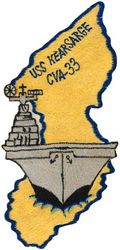 CVA-33 USS Kearsarge WESTERN PACIFIC & KOREA CRUISE 1952-1953
Namesake. Mount Kearsarge, a mountain located in Wilmot and Warner, NH, 3rd USN Ship w/ this name.
Builder. New York Naval Shipyard, NY
Laid down. 1 Mar 1944
Launched. 5 May 1945
Commissioned. 2 Mar 1946
Decommissioned. 16 Jun 1950
Recommissioned. 15 Feb 1952
Decommissioned. 13 Feb 1970
Reclassified:	
CVA-33, 15 Feb 1952
CVS-33, 1 Oct 1958
Fate. Scrapped, Feb 1974
Class and type. Essex-class aircraft carrier
Displacement. 27,100 long tons (27,500 t) standard
Length. 888 feet (271 m) overall
Beam. 93 feet (28 m)
Draft. 28 feet 7 inches (8.71 m)
Installed power. 8 × boilers 150,000 shp (110 MW)
Propulsion:
4 × geared steam turbines
4 × shafts
Speed. 33 knots (61 km/h; 38 mph)
Complement. 3448 officers and enlisted
Armament:	
12 × 5 inch (127 mm)/38 caliber guns
32 × Bofors 40 mm guns
46 × Oerlikon 20 mm cannons
Armor: Belt: 4 in, Hangar deck: 2.5 in, Deck: 1.5 in, Conning tower: 1.5 in
Aircraft carried. 90-100 aircraft

