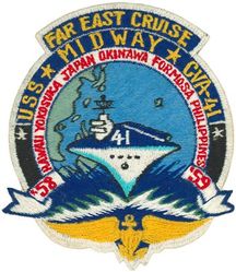 CVA-41 USS Midway WESTERN PACIFIC CRUISE 1958-1959
Namesake. Battle of Midway, major naval battle in the Pacific Theater of WW-II that took place 4-7 Jun 1942
Ordered. 1 Aug 1942
Builder. Newport News Shipbuilding, VA
Laid down. 27 Oct 1943
Launched. 20 Mar 1945
Commissioned. 10 Sep 1945
Reclassified:
CVA-41. 1 Oct 1952
CV-41. 30 Jun 1975
Decommissioned. 11 Apr 1992
In service. 1945
Out of service. 1992
Stricken. 17 Mar 1997
Status. Museum ship at the USS Midway Museum in San Diego, CA
Class and type. Midway-class aircraft carrier
Displacement:	
45,000 tons at commissioning
64,000 tons at decommissioning
Length. 1,001 ft (305 m)
Beam:	
121 ft (37 m)
136 ft (41 m), 238 ft (73 m) at flight deck after modernization
Draft. 34.5 ft (10.5 m)
Propulsion. 12 boilers, four Westinghouse geared Steam turbines
Speed. 33 kn (61 km/h; 38 mph)
Complement. 4,104 officers and men
Armament:	
As Built:
18 × 5"/54 caliber Mark 16 guns,
84 × Bofors 40 mm guns,
56 × Oerlikon 20 mm cannons
After Refit:
2 8-cell Sea Sparrow launchers,
2 Phalanx CIWS
Aircraft carried. 	137 theoretical, 100 (1940s–50s), 70 (Vietnam–retirement)

