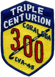 CVA-43 USS Coral Sea 300 Carrier Landings
Namesake. Coral Sea, The Battle of the Coral Sea, 4-8 May 1942, a major naval battle between the Imperial Japanese Navy (IJN) and naval and air forces of the USA and Australia.
Ordered. 14 Jun 1943
Builder. Newport News Shipbuilding
Laid down. 10 Jul 1944
Launched. 2 Apr 1946
Commissioned. 1 Oct 1947
Reclassified:
CVB-43. 15 Jul 1943
CVA-43. 1 Oct 1952
CV-43. 30 Jun 1975
Decommissioned. 26 Apr 1990
Stricken. 28 Apr 1990
Motto. Older and Bolder
Fate. Scrapped, 8 Sep 2000
Class and type. Midway-class aircraft carrier
Displacement:	
45,000 long tons (46,000 t) (standard)
60,000 long tons (61,000 t) (full load) [3]
Length:
899 ft 9 in (274.24 m) wl
967 ft 8 in (294.94 m) oa
Beam:	
113 ft (34 m) waterline,
136 feet (41 m) flight deck
Draft. 35 ft (11 m)
Installed power. 12 Babcock and Wilcox boilers 212,000 shp (158,000 kW)
Propulsion:	
4 Westinghouse Geared steam turbine sets
4 shafts
Speed. 33 knots (61 km/h; 38 mph)
Range. 15,000 nmi (28,000 km; 17,000 mi) at 15 kn (28 km/h; 17 mph)
Complement. 4,104 officers and men
Sensors and processing systems:
As Built:
1 x SC-2 Surveillance Radar
2 x SG Surface Search Radars (On top Mark-37 GFCS)
1 x SK-2 Air Search Radars
2 x Mk-37 GFCS
Electronic warfare & decoys. As Built: 1 x TDY-2 ECM (Anti-Radar)
Armament:	
As Built: (1949)
14 × 5"/54 caliber Mark 16 guns (14 x 1) 
40 × 3"/50 caliber guns (20 x 2)  
28 × Oerlikon 20 mm cannons (14 x 2)  
After SCB-110A Overhaul: (1960's)  
6 x 5"/54 caliber Mark 16 guns, (6 x 1) or (3 x 1)
After SCB-101.66 modernization: (1980's) 3 x Phalanx CIWS (1 x 3)
Aircraft carried:	Up to 130 (World War II); 65-70 (1980s)
Aviation facilities:	
As Built: (1949)
2 x Centreline Elevator, 1 x Deck edge Elevator, 2 x H-41 hydraulic catapults, 3 x Arresting Wires, 6 x Barricades
As Retired:
At least 4 or more Bomb elevators, 2 Hangar Bays, 3 Deck Edges elevators (2 Starboard and 1 Portside)

