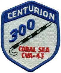 CVA-43 USS Coral Sea 300 Carrier Landings
Namesake. Coral Sea, The Battle of the Coral Sea, 4-8 May 1942, a major naval battle between the Imperial Japanese Navy (IJN) and naval and air forces of the USA and Australia.
Ordered. 14 Jun 1943
Builder. Newport News Shipbuilding
Laid down. 10 Jul 1944
Launched. 2 Apr 1946
Commissioned. 1 Oct 1947
Reclassified:
CVB-43. 15 Jul 1943
CVA-43. 1 Oct 1952
CV-43. 30 Jun 1975
Decommissioned. 26 Apr 1990
Stricken. 28 Apr 1990
Motto. Older and Bolder
Fate. Scrapped, 8 Sep 2000
Class and type. Midway-class aircraft carrier
Displacement:	
45,000 long tons (46,000 t) (standard)
60,000 long tons (61,000 t) (full load) [3]
Length:
899 ft 9 in (274.24 m) wl
967 ft 8 in (294.94 m) oa
Beam:	
113 ft (34 m) waterline,
136 feet (41 m) flight deck
Draft. 35 ft (11 m)
Installed power. 12 Babcock and Wilcox boilers 212,000 shp (158,000 kW)
Propulsion:	
4 Westinghouse Geared steam turbine sets
4 shafts
Speed. 33 knots (61 km/h; 38 mph)
Range. 15,000 nmi (28,000 km; 17,000 mi) at 15 kn (28 km/h; 17 mph)
Complement. 4,104 officers and men
Sensors and processing systems:
As Built:
1 x SC-2 Surveillance Radar
2 x SG Surface Search Radars (On top Mark-37 GFCS)
1 x SK-2 Air Search Radars
2 x Mk-37 GFCS
Electronic warfare & decoys. As Built: 1 x TDY-2 ECM (Anti-Radar)
Armament:	
As Built: (1949)
14 × 5"/54 caliber Mark 16 guns (14 x 1) 
40 × 3"/50 caliber guns (20 x 2)  
28 × Oerlikon 20 mm cannons (14 x 2)  
After SCB-110A Overhaul: (1960's)  
6 x 5"/54 caliber Mark 16 guns, (6 x 1) or (3 x 1)
After SCB-101.66 modernization: (1980's) 3 x Phalanx CIWS (1 x 3)
Aircraft carried:	Up to 130 (World War II); 65-70 (1980s)
Aviation facilities:	
As Built: (1949)
2 x Centreline Elevator, 1 x Deck edge Elevator, 2 x H-41 hydraulic catapults, 3 x Arresting Wires, 6 x Barricades
As Retired:
At least 4 or more Bomb elevators, 2 Hangar Bays, 3 Deck Edges elevators (2 Starboard and 1 Portside)

