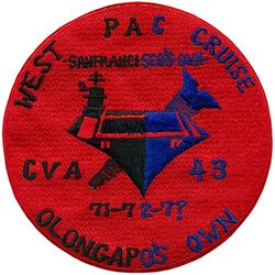 CV-43 USS Coral Sea CVW-15 WESTERN PACIFIC & VIETNAM CRUISE 1971-1972
Namesake. Coral Sea, The Battle of the Coral Sea, 4-8 May 1942, a major naval battle between the Imperial Japanese Navy (IJN) and naval and air forces of the USA and Australia.
Ordered. 14 Jun 1943
Builder. Newport News Shipbuilding
Laid down. 10 Jul 1944
Launched. 2 Apr 1946
Commissioned. 1 Oct 1947
Reclassified:
CVB-43. 15 Jul 1943
CVA-43. 1 Oct 1952
CV-43. 30 Jun 1975
Decommissioned. 26 Apr 1990
Stricken. 28 Apr 1990
Motto. Older and Bolder
Fate. Scrapped, 8 Sep 2000
Class and type. Midway-class aircraft carrier
Displacement:
45,000 long tons (46,000 t) (standard)
60,000 long tons (61,000 t) (full load) [3]
Length:
899 ft 9 in (274.24 m) wl
967 ft 8 in (294.94 m) oa
Beam:
113 ft (34 m) waterline,
136 feet (41 m) flight deck
Draft. 35 ft (11 m)
Installed power. 12 Babcock and Wilcox boilers 212,000 shp (158,000 kW)
Propulsion:
4 Westinghouse Geared steam turbine sets
4 shafts
Speed. 33 knots (61 km/h; 38 mph)
Range. 15,000 nmi (28,000 km; 17,000 mi) at 15 kn (28 km/h; 17 mph)
Complement. 4,104 officers and men
Sensors and processing systems:
As Built:
1 x SC-2 Surveillance Radar
2 x SG Surface Search Radars (On top Mark-37 GFCS)
1 x SK-2 Air Search Radars
2 x Mk-37 GFCS
Electronic warfare & decoys. As Built: 1 x TDY-2 ECM (Anti-Radar)
Armament:
As Built: (1949)
14 × 5"/54 caliber Mark 16 guns (14 x 1)
40 × 3"/50 caliber guns (20 x 2)
28 × Oerlikon 20 mm cannons (14 x 2)
After SCB-110A Overhaul: (1960's)
6 x 5"/54 caliber Mark 16 guns, (6 x 1) or (3 x 1)
After SCB-101.66 modernization: (1980's) 3 x Phalanx CIWS (1 x 3)
Aircraft carried: Up to 130 (World War II); 65-70 (1980s)
Aviation facilities:
As Built: (1949)
2 x Centreline Elevator, 1 x Deck edge Elevator, 2 x H-41 hydraulic catapults, 3 x Arresting Wires, 6 x Barricades
As Retired:
At least 4 or more Bomb elevators, 2 Hangar Bays, 3 Deck Edges elevators (2 Starboard and 1 Portside)


