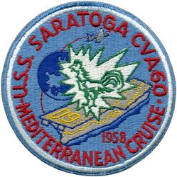 CVA-60 USS Saratoga MEDITERRANEAN CRUISE 1958
Namesake. Battles of Saratoga, (19 Sep-7 Oct1777) the climax of the Saratoga campaign, giving a decisive victory to the Americans, supported by the French, over the British in the American Revolutionary War
Ordered. 23 Jul 1952
Builder. New York Naval Shipyard, NY
Cost. $209.7 million
Laid down. 16 Dec 1952
Launched. 8 Oct 1955
Acquired. 14 Apr 1956
Commissioned. 14 Apr 1956
Decommissioned. 20 Aug 1994
Reclassified:	
CVA-60, 1 Oct 1952
CV-60, 30 Jun 1972
Stricken. 20 Aug 1994
Fate. Scrapped in 2019
Class and type. Forrestal-class aircraft carrier
Displacement. 81,101 long tons (82,402 t) full, 61,235 long tons (62,218 t) light, 19,866 long tons (20,185 t) dead
Length. 1,063 ft (324 m)
Beam. 130 ft (40 m) waterline, 252 ft (77 m) extreme
Draft. 37 ft (11 m)
Propulsion. 4 Westinghouse geared turbines, 4 shafts, 280,000 shp (210,000 kW), 8 Babcock & Wilcox boilers
Speed. 35 kn (65 km/h; 40 mph)
Complement. 552 officers, 4988 men
Sensors and processing systems:
AN/SPS-48 3D air search radar
AN/SPS-48 2D air search radar
AN/SPS-10 surface search radar
Electronic warfare & decoys. Mark 36 SRBOC
Armament:	
8 × 5"/54 caliber Mark 42 guns (127 mm) (removed)
NATO Sea Sparrow
Phalanx CIWS
Aircraft carried. 70-90

