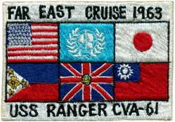 CVA-61 USS Ranger WESTERN PACIFIC CRUISE 1963
Namesake. Ranger, captained by John Paul Jones who sailed to harass the Royal Navy
Ordered. 1 Feb 1954
Builder. Newport News Shipbuilding, VA
Cost. $182 million 
Laid down. 2 Aug 1954
Launched. 29 Sep 1956
Acquired. 1 Aug 1957
Commissioned. 10 Aug 1957
Decommissioned. 10 Jul 1993
Reclassified. CV-61, Jun 1975
Stricken	. 8 Mar 2004
Fate. Scrapped, 1 Nov 2017
Class and type. Forrestal-class aircraft carrier
Displacement:	
56,300 long tons (57,200 t) light
81,101 long tons (82,402 t) full load
Length. 	1,046 ft (319 m)
Beam. 130 ft (40 m) waterline; 249 ft 6 in (76.05 m) extreme
Draft. 37 ft (11 m)
Propulsion:	
4 geared turbines, 4 shafts, 280,000 shaft horsepower (210 MW)
8 Babcock & Wilcox boilers
Speed. 34 knots (63 km/h; 39 mph)
Complement. 3,826 officers and men.
Sensors and processing systems:	
AN/SPS-48 3D air search radar
AN/SPS-43 2D air search radar
AN/SPS-10 surface search radar
Electronic warfare & decoys. Mark 36 SRBOC
Armament:	
8 × 5"/54 caliber Mark 42 guns (127 mm) 
NATO Sea Sparrow
Phalanx CIWS
Aircraft carried. 	70-90

