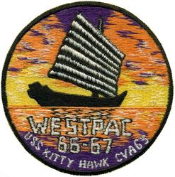 CVA-63 USS Kitty Hawk WESTERN PACIFIC & VIETNAM CRUISE 1966-1967
Namesake. Kitty Hawk, NC, where the Wright brothers made the first controlled powered airplane flight.
Awarded. 1 Oct 1955
Builder. New York Shipbuilding Corporation, Camden, NJ
Laid down. 27 Dec 1956
Launched. 21 May 1960
Commissioned. 29 Apr 1961
Decommissioned. 12 May 2009
Reclassified. CV-63, 29 Apr 1973
Stricken . 20 Oct 2017
Homeport. Puget Sound, WA
Status. Undergoing scrapping
Class and type. Kitty Hawk-class aircraft carrier
Displacement:
61,351 long tons (62,335 t) standard
81,985 long tons (83,301 t) full load
Length. 1,068.9 ft (325.8 m) LOA
Beam:
282 ft (86 m) extreme
130 ft (40 m) waterline
Draft. 38 ft (12 m)
Propulsion. Westinghouse geared steam turbines, eight Foster Wheeler steam boilers, four shafts; 280,000 shp (210 MW)
Speed. 33 knots (61 km/h; 38 mph)
Complement. 5,624 officers and men
Armament. RIM-7 Sea Sparrow surface-to-air missiles, 2 RIM-116 RAM, 2 Phalanx CIWS Automated Anti-Missile/Aircraft Defenses
Aircraft carried. 85
Typical 2000 air wing (70 aircraft):
40 F/A 18E/F Super hornet fighter-bombers
4 EA-6B Prowler combat EW
4 E-2C Hawkeye AEW
5 SH-60F/HH-60H Sea Hawk helicopters
1 C-2A Greyhound carrier on-board delivery
