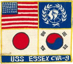 CVA-9 USS Essex WESTERN PACIFIC & KOREA CRUISE 1952
Namesake. USS Essex (1799), was a 36-gun or 32-gun sailing frigate that participated in the Quasi-War with France, the First Barbary War, and in the War of 1812
Ordered. 3 Jul 1940
Builder. Newport News Shipbuilding, VA
Laid down. 28 Apr 1941
Launched. 31 Jul 1942
Commissioned. 31 Dec 1942
Decommissioned. 9 Jan 1947
Recommissioned. 15 Jan 1951
Decommissioned. 30 Jun 1969
Reclassified:	
CVA-9, Oct 1952
CVS-9, Mar 1960
Stricken	. 1 Jun 1973
Fate. Scrapped, 1973
Class and type. Essex-class aircraft carrier
Displacement:	
27,100 long tons (27,500 t) (standard)
36,380 long tons (36,960 t) (full load)
Length:
820 feet (249.9 m) (wl)
872 feet (265.8 m) (o/a)
Beam. 93 ft (28.3 m)
Draft. 34 ft 2 in (10.41 m)
Installed power. 8 × Babcock & Wilcox boilers 150,000 shp (110,000 kW)
Propulsion:	
4 × geared steam turbines
4 × screw propellers
Speed. 33 knots (61 km/h; 38 mph)
Range. 14,100 nmi (26,100 km; 16,200 mi) at 20 knots (37 km/h; 23 mph)
Complement. 2,600 officers and enlisted men
Armament:	
12 × 5 in (127 mm) DP guns
32 × 40 mm (1.6 in) AA guns
46 × 20 mm (0.8 in) AA guns
Armor. Waterline belt: 2.5–4 in, Deck: 1.5 in, Hangar deck: 2.5 in, Bulkheads: 4 in
Aircraft carried. 90 aircraft


