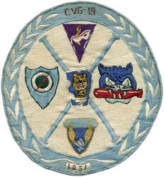 Carrier Air Group 19 (CVG-19) WESTERN PACIFIC-KOREA Cruise 1951
Established as Carrier Air Group NINETEEN (CVG-19) on 15 Aug 1943. Redesignated Carrier Air Wing NINETEEN (CARAIRWING NINETEEN)(CVW-19) on 20 Dec 1963. Disestablished on 30 Jun 1977.

31 May 1951-29 Aug 1951, USS Princeton (CV-37)

Squadrons: Fighter Squadron TWENTY THREE (VF-23) (F9F-2/2B), Fighter Squadron EIGHT TWENTY ONE (VF-821) (F4U-4), Fighter Squadron EIGHT SEVENTY ONE (VF-871) (F4U-4) & Attack Squadron FIFTY FIVE (VA-55)(AD-4).

