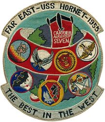 Carrier Air Group SEVEN (CVG-7) WESTERN PACIFIC Cruise 1955
Established as Carrier Air Group EIGHTEEN (CVG-18) on 20 Jul 1943. Redesignated Carrier Air Group SEVEN (CVG-7) in Sep 1945; Carrier Air Wing SEVEN (CVW-7) on 20 Dec 1963-.

Squadrons: Fighter Squadron SEVENTY ONE (VF-71) (F9F-2/5), Fighter Squadron SEVENTY TWO (VF-72)( F9F-5), Fighter Squadron SEVENTY THREE (VF-73) (F9F-6), Attack Squadron SEVENTY FIVE (VA-75)(AD-6), Composite Squadron TWELVE (VC-12) Det-32 (AD-5W), Composite Squadron THIRTY THREE (VC-33) Det-32 (AD-5Q), Composite Squadron SIXTY TWO (VC-62) Det-32 (F9F-6P) &  Helicopter Squadron ONE Detachment 17 (HU-1 Det-12) (HO4S-3/HRS-3).

