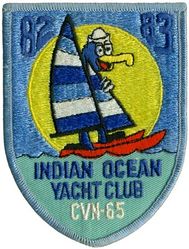 CVN-65 USS Enterprise WESTERN PACIFIC & INDIAN OCEAN CRUISE 1982-1983
Namesake. USS Enterprise, previously 6 USN ships with this name
Ordered. 15 Nov 1957
Builder. Newport News Shipbuilding, VA
Cost. $451.3 million
Laid down. 4 Feb 1958
Launched. 24 Sep 1960
Commissioned. 25 Nov 1961
In service. 12 Jan 1962
Reclassified. CVN-65 from CVA(N)-65
Out of service. 1 Dec 2012
Stricken. 3 Feb 2017
Motto. We are Legend; Ready on Arrival; The First, the Finest; Eight Reactors, None Faster
Status. Awaiting recycling at HII Shipyard, Newport News, VA
Class and type. Enterprise-class aircraft carrier
Displacement. 93,284 long tons (94,781 metric tons) Full Load
Length:	
1,123 ft (342 m) (after refit)
1,088 ft (332 m) (original)
Beam:	
132.8 ft (40.5 m) (waterline)
257.2 ft (78.4 m) (extreme)
Draft. 39 ft (12 m)
Propulsion:	
8 × Westinghouse A2W nuclear reactors
4 x Westinghouse geared steam turbines
4 × shafts
280,000 shp (210 MW)
Speed. 33.6 kn (38.7 mph; 62.2 km/h)
Range. Unlimited distance; 20–25 years
Complement. 5,828 (maximum), Ship's company: 3,000 (2,700 Sailors, 150 Chiefs, 150 Officers), Air wing: 1,800 (250 pilots, and 1,550 support personnel)
Sensors and processing systems:
AN/SPS-48 3D air search radar
AN/SPS-49 2D air search radar
MK-23 Target Acquisition System Fire Control Radar
Electronic warfare & decoys:	
AN/SLQ-32 Electronic Warfare Suite
Mark 36 SRBOC
Armament:	
3 × NATO Sea Sparrow launchers
3 × 20 mm Phalanx CIWS mounts
2 RAM launchers
Armor. 8 in (20 cm) aluminum belt (equivalent to 4 in (10 cm) rolled homogeneous steel armor), armored flight deck, hangar, magazines and reactor
Aircraft carried. Hold up to 90, 60+ (normally)
Aviation facilities. Flight deck: 1,123 ft (342 m), Equipped with 4 steam-powered catapults

