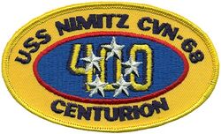 CVN-68 USS Nimitz 400 Carrier Landings
Namesake. Chester W Nimitz, (1885-1966), fleet admiral in the USN, WW-II Commander in Chief, US Pacific Fleet, Commander in Chief, Pacific Ocean Areas during World War II.
Ordered. 31 Mar 1967
Builder. Newport News Shipbuilding, VA
Laid down. 22 Jun 1968
Launched. 13 May 1972
Commissioned. 3 May 1975
Reclassified. CVN-68, 30 Jun 1975
Homeport. NB Kitsap, WA
Motto. Teamwork, a Tradition
Class and type. Nimitz-class aircraft carrier
Displacement. 100,020 long tons (112,020 short tons)
Length:
Overall: 1,092 feet (332.8 m)
Waterline: 1,040 feet (317.0 m)
Beam:
Overall: 252 ft (76.8 m)
Waterline: 134 ft (40.8 m)
Draft:
Maximum navigational: 37 feet (11.3 m)
Limit: 41 feet (12.5 m)
Propulsion:
2 × Westinghouse A4W nuclear reactors (HEU 93.5%)
4 × steam turbines
4 × shafts
260,000 shp (194 MW)
Speed. 31.5 knots (58.3 km/h; 36.2 mph)
Range. Unlimited distance; 20–25 years
Complement. Ship's company: 3,532, Air wing: 2,480
Sensors and processing systems:
AN/SPS-48E 3-D air search radar
AN/SPS-49(V)5 2-D air search radar
AN/SPQ-9B target acquisition radar
AN/SPN-46 air traffic control radars
AN/SPN-43C air traffic control radar
AN/SPN-41 landing aid radars
4 × Mk 91 NSSM guidance systems
4 × Mk 95 radars
Electronic warfare & decoys:
AN/SLQ-32A(V)4 Countermeasures suite
SLQ-25A Nixie Torpedo Countermeasures
Armament:
2 × Sea Sparrow
2 × RIM-116 Rolling Airframe Missile
2 × PHALANX CIWS (Close-In Weapons System) Gatling guns
4 × MK 38 25mm autocannon turrets
10 × .50 cal turret emplacements
Armor. Unknown
Aircraft carried. 90 fixed wing and helicopters

