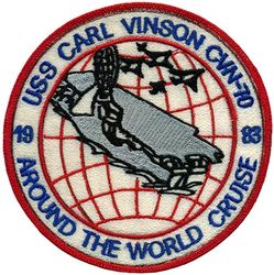 USS Carl Vinson (CVN-70) WORLD CRUISE 1983
Namesake. Carl Vinson, (1883-1981) American politician for over 50 years and influential in the 20th century expansion of the USN
Ordered. 5 Apr 1974
Builder. Newport News Shipbuilding
Laid down. 11 Oct 1975
Launched. 15 Mar 1980
Commissioned. 13 Mar 1982
Homeport. San Diego, CA
Motto. Vis Per Mare (Strength from the Sea)
Status. in active service
Class and type. Nimitz-class aircraft carrier
Displacement. 101,300 long tons (113,500 short tons)
Length:	
Overall: 1,092 feet (332.8 m)
Waterline: 1,040 feet (317.0 m)
Beam:	
Overall: 252 ft (76.8 m)
Waterline: 134 ft (40.8 m)
Draft:	
Maximum navigational: 37 feet (11.3 m)
Limit: 41 feet (12.5 m)
Propulsion:	
2 × Westinghouse A4W nuclear reactors (HEU 93.5%)
4 × steam turbines
4 × shafts
260,000 shp (194 MW)
Speed. 30+ knots (56+ km/h; 35+ mph)
Range. Unlimited distance; 20–25 years
Complement. Ship's company: 3,532, Air wing: 2,480, Crew: 6,012
Sensors and processing systems:	
AN/SPS-48E 3-D air search radar
AN/SPS-49(V)5 2-D air search radar
AN/SPQ-9B target acquisition radar
AN/SPN-46 air traffic control radars
AN/SPN-43C air traffic control radar
AN/SPN-41 landing aid radars
4 × Mk 91 NSSM guidance systems
4 × Mk 95 radars
Electronic warfare & decoys:	
AN/SLQ-32A(V)4 Countermeasures suite
SLQ-25A Nixie Torpedo Countermeasures
Armament: 
2 × Mk 57 Mod13 Sea Sparrow Launchers
2 × RIM-116 Rolling Airframe Missile Launchers
2 × Phalanx CIWS
Armor. Unknown
Aircraft. 90 fixed wing and helicopters

