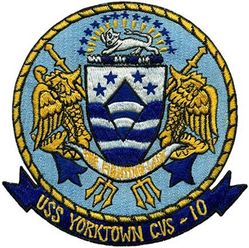 CVS-10 USS Yorktown
Namesake. Battle of Yorktown, a Revolutionary War battle from 28 Sep-19 Oct 1781, at Yorktown, VA.
Builder. Newport News Shipbuilding, VA
Laid down. 1 Dec 1941
Launched. 21 Jan 1943
Commissioned. 15 Apr 1943
Decommissioned. 9 Jan 1947
Recommissioned. 2 Jan 1953
Decommissioned. 27 Jun 1970
Reclassified:
CVA-10, 1 Oct 1952
CVS-10, 1 Sept 1957
Stricken. 1 Jun 1973
Status. Museum ship at Patriots Point in Mount Pleasant, SC
Class and type. Essex-class aircraft carrier
Displacement:
27,100 long tons (27,500 t) (standard)
36,380 long tons (36,960 t) (full load)
Length:
820 feet (249.9 m) (wl)
872 feet (265.8 m) (o/a)
Beam. 93 ft (28.3 m)
Draft. 34 ft 2 in (10.41 m)
Installed power. 8 × Babcock & Wilcox boilers 150,000 shp (110,000 kW)
Propulsion:
4 × geared steam turbines
4 × screw propellers
Speed. 33 knots (61 km/h; 38 mph)
Range. 14,100 nmi (26,100 km; 16,200 mi) at 20 knots (37 km/h; 23 mph)
Complement. 2,600 officers and enlisted men
Armament:
12 × 5 in (127 mm) DP guns
32 × 40 mm (1.6 in) AA guns
46 × 20 mm (0.8 in) AA guns
Armor, Waterline belt: 2.5–4 in, Deck: 1.5 in, Hangar deck: 2.5 in, Bulkheads: 4 in
Aircraft carried. 90 aircraft
