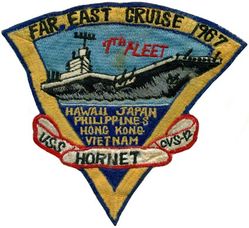 CVS-12 USS Hornet Task Force 702 WESTERN PACIFIC & VIETNAM CRUISE 1967
Namesake. Hornet, are the largest of the eusocial wasps, similar to yellowjackets. Eighth USN ship named Hornet
Ordered. 20 May 1940
Awarded. 9 Sep 1940
Builder. Newport News Shipbuilding, VA
Laid down. 3 Aug 1942
Launched. 30 Aug 1943
Commissioned. 29 Nov 1943
Decommissioned. 15 Jan 1947
Recommissioned. 11 Sep 1953
Decommissioned. 26 Jun 1970
Reclassified:	
CVA-12, 1 Oct 1952
CVS-12, 27 Jun 1958
Stricken. 25 Jul 1989
Status. Museum ship at the USS Hornet Museum in Alameda, Ca
General characteristics (as built)
Class and type. Essex-class aircraft carrier
Displacement:	
27,100 long tons (27,500 t) (standard)
36,380 long tons (36,960 t) (full load)
Length:	
820 feet (249.9 m) (wl)
872 feet (265.8 m) (o/a)
Beam. 93 ft (28.3 m)
Draft. 34 ft 2 in (10.41 m)
Installed power. 8 × Babcock & Wilcox boilers 150,000 shp (110,000 kW)
Propulsion:	
4 × geared steam turbines
4 × screw propellers
Speed. 33 knots (61 km/h; 38 mph)
Range. 14,100 nmi (26,100 km; 16,200 mi) at 20 knots (37 km/h; 23 mph)
Complement. 2,600 officers and enlisted men
Armament:	
12 × 5 in (127 mm) DP guns
32 × 40 mm (1.6 in) AA guns
46 × 20 mm (0.8 in) AA guns
Armor:
Waterline belt: 2.5–4 in (64–102 mm)
Deck: 1.5 in (38 mm)
Hangar deck: 2.5 in (64 mm)
Bulkheads: 4 in (102 mm)
Aircraft carried:	90 aircraft


