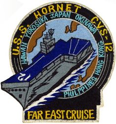 CVS-12 USS Hornet FAR EAST CRUISE 1960
Namesake. Hornet, are the largest of the eusocial wasps, similar to yellowjackets. Eighth USN ship named Hornet
Ordered. 20 May 1940
Awarded. 9 Sep 1940
Builder. Newport News Shipbuilding, VA
Laid down. 3 Aug 1942
Launched. 30 Aug 1943
Commissioned. 29 Nov 1943
Decommissioned. 15 Jan 1947
Recommissioned. 11 Sep 1953
Decommissioned. 26 Jun 1970
Reclassified:	
CVA-12, 1 Oct 1952
CVS-12, 27 Jun 1958
Stricken. 25 Jul 1989
Status. Museum ship at the USS Hornet Museum in Alameda, Ca
General characteristics (as built)
Class and type. Essex-class aircraft carrier
Displacement:	
27,100 long tons (27,500 t) (standard)
36,380 long tons (36,960 t) (full load)
Length:	
820 feet (249.9 m) (wl)
872 feet (265.8 m) (o/a)
Beam. 93 ft (28.3 m)
Draft. 34 ft 2 in (10.41 m)
Installed power. 8 × Babcock & Wilcox boilers 150,000 shp (110,000 kW)
Propulsion:	
4 × geared steam turbines
4 × screw propellers
Speed. 33 knots (61 km/h; 38 mph)
Range. 14,100 nmi (26,100 km; 16,200 mi) at 20 knots (37 km/h; 23 mph)
Complement. 2,600 officers and enlisted men
Armament:	
12 × 5 in (127 mm) DP guns
32 × 40 mm (1.6 in) AA guns
46 × 20 mm (0.8 in) AA guns
Armor:
Waterline belt: 2.5–4 in (64–102 mm)
Deck: 1.5 in (38 mm)
Hangar deck: 2.5 in (64 mm)
Bulkheads: 4 in (102 mm)
Aircraft carried:	90

WESTERN PACIFIC CRUISE, 17 May-18 Dec 1960, Pearl Harbor, HI, Yokosuka, Japan, Buckner Bay, Okinawa, Kobe, Japan, Subic Bay & Manila, Philippines & Hong Kong

