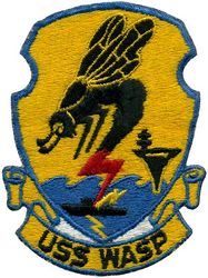CVS-18 USS Wasp
Namesake. Wasp, an insect of the narrow-waisted suborder Apocrita of the order Hymenoptera
Builder. Fore River Shipyard, Quincy, MA
Laid down. 18 Mar 1942
Launched. 17 Aug 1943
Commissioned. 24 Nov 1943
Decommissioned. 17 Feb 1947
Recommissioned. 28 Sep 1951
Decommissioned. 1 Jul 1972
Reclassified:	
CVA-18, 1 Oct 1952
CVS-18, 1 Nov 1956
Stricken. 1 Jul 1972
Fate. Scrapped, 1973
Class and type. Essex-class aircraft carrier
Displacement:	
27,100 long tons (27,500 t) (standard)
36,380 long tons (36,960 t) (full load)
Length:	
820 feet (249.9 m) (wl)
872 feet (265.8 m) (o/a)
Beam. 93 ft (28.3 m)
Draft. 34 ft 2 in (10.41 m)
Installed power:
8 × Babcock & Wilcox boilers
150,000 shp (110,000 kW)
Propulsion:	
4 × geared steam turbines
4 × screw propellers
Speed. 33 knots (61 km/h; 38 mph)
Range. 14,100 nmi (26,100 km; 16,200 mi) at 20 knots (37 km/h; 23 mph)
Complement. 2,600 officers and enlisted men
Armament:	
12 × 5 in (127 mm) DP guns
32 × 40 mm (1.6 in) AA guns
46 × 20 mm (0.8 in) AA guns
Armor:	
Waterline belt. 2.5–4 in (64–102 mm)
Deck.  1.5 in (38 mm)
Hangar deck. 2.5 in (64 mm)
Bulkheads. 4 in (102 mm)
Aircraft carried:	90 Aircraft


