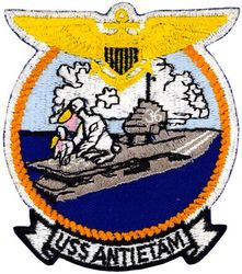CVS-36 USS Antietam 
Namesake. Battle of Antietam, or Battle of Sharpsburg fought 17 Sep 1862  was a battle of the Civil War between Gen. Robert E Lee's Army of Northern Virginia and Union Gen. George B. McClellan's Army of the Potomac near Sharpsburg, Maryland, and Antietam Creek.
Builder. Philadelphia Naval Shipyard, PA
Laid down. 15 Mar 1943
Launched. 20 Aug 1944
Commissioned. 28 Jan 1945
Decommissioned. 21 Jun 1949
Recommissioned. 17 Jul 1951
Decommissioned. 8 May 1963
Reclassified:	
CVA-36, 1 Oct 1952
CVS-36, 1 Aug 1953
Fate. Scrapped, 28 Feb 1974
Class and type. Essex-class aircraft carrier
Displacement. 27,100 long tons (27,500 t) standard
Length. 888 feet (271 m) overall
Beam. 93 feet (28 m)
Draft. 28 feet 7 inches (8.71 m)
Installed power. 8 × boilers 150,000 shp (110 MW)
Propulsion:	
4 × geared steam turbines
4 × shafts
Speed. 33 knots (61 km/h; 38 mph)
Complement. 3448 officers and enlisted
Armament:	
12 × 5 inch (127 mm)/38 caliber guns
32 × Bofors 40 mm guns
46 × Oerlikon 20 mm cannons
Armor. Belt: 4 in, Hangar deck: 2.5 in, Deck: 1.5 in, Conning tower: 1 in
Aircraft carried. 	90–100 aircraft

