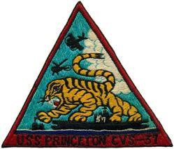 CVS-37 USS Princeton
Namesake. Battle of Princeton, a battle of the American Revolutionary War, fought near Princeton, NJ on 3 Jan 1777, and ending in a small victory for the Colonials.
Builder. Philadelphia Naval Shipyard, PA
Laid down. 14 Sep 1943
Launched. 8 Jul 1945
Commissioned. 18 Nov 1945
Decommissioned. 21 Jun 1949
Recommissioned. 28 Aug 1950
Decommissioned. 30 Jan 1970
Reclassified:	
CVA-37, 1 Oct 1952
CVS-37, 1 Jan 1954
LPH-5, 2 Mar 1959
Stricken. 30 Jan 1970
Fate. Scrapped, 1971
Class and type. Essex-class aircraft carrier
Displacement. 27,100 long tons (27,500 t) standard
Length. 888 feet (271 m) overall
Beam. 93 feet (28 m)
Draft. 28 feet 7 inches (8.71 m)
Installed power. 8 × boilers 150,000 shp (110 MW)
Propulsion:	
4 × geared steam turbines
4 × shafts
Speed. 33 knots (61 km/h; 38 mph)
Complement. 3448 officers and enlisted
Armament:	
12 × 5 inch (127 mm)/38 caliber guns
32 × Bofors 40 mm guns
46 × Oerlikon 20 mm cannons
Armor:	
Belt: 4 in (102 mm)
Hangar deck: 2.5 in (64 mm)
Deck: 1.5 in (38 mm)
Conning tower: 1.5 inch
Aircraft carried. 	90-100 aircraft

