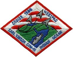 Carrier Air Wing 15 (CVW-15) Western Pacific, Indian Ocean Cruise 1988
Established as Carrier Air Group 15 (CAG-15) on 1 Sep 1943. Redesignated Carrier Air Wing 15 (CARAIRWING FIFTEEN) (CVW-15) on 1 Sep 1963. Disestablished on 31 Mar 1995.

15 Jun 1988-14 Dec 1988, USS Carl Vinson (CVN-70)

Fighter Squadron FIFTY ONE (VF-51)(F-14), Fighter Squadron ONE HUNDRED ELEVEN (VF-111)(F-14), Attack Squadron TWENTY SEVEN (VA-27)(A-7E), Attack Squadron FIFTY TWO (VA-52)(A-6E/KA-6D), Attack Squadron NINTY SEVEN (VA-97)(A-7E), Tactical Electronic Warfare Squadrons ONE HUNDRED THIRTY FOUR (VAQ-134)(EA-6B), Carrier Airborne Early Warning Squadron ONE HUNDRED FOURTEEN (VAW-114)(E-2C), Sea Control Squadron TWENTY NINE (VS-29)(S-3), & Helicopter Anti-Submarine Squadron FOUR (HS-4)(SH-3H).

