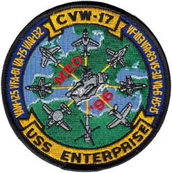 Carrier Air Wing 17 (CVW-17) Mediterranean, Arabian Gulf Cruise 1996
Established as Carrier Air Group EIGHTY TWO (CVG-82) on 1 Apr 1944. Redesignated Carrier Air Group SEVENTEEN (CVAG-17) on 15 Nov 1946; Carrier Air Group SEVENTEEN (CVG-17) in Sept 1948. Disestablished on 15 Sept 1958. Carrier Air Wing Seventeen (CVW-17) was reactivated on 1 Nov 1966-.

28 Jun-20 Dec 1996, Mediterranean, Arabian Gulf Cruise

Fighter Squadron ONE ZERO THREE (VF-103)(F-14B), Strike Fighter Squadron EIGHT ONE (VFA-81)(F/A-18C), Strike Fighter Squadron EIGHT THREE (VFA-83)(F/A-18C), Attack Squadron SEVEN FIVE (VA-75)(A-6E), Tactical Electronic Warfare Squadron ONE THREE TWO (VAQ-132)(EA-6B), Sea Control Squadron THREE ZERO (VS-30)(S-3B), Carrier Airborne Early Warning Squadron ONE TWO FIVE (VAW-125)(E-2C), Fleet Air Reconnaissance Squadron SIX (VQ-6)(ES-3A), Fleet Logistics Support Squadron FOUR ZERO (VRC-40)(C-2A) & Helicopter Anti-Submarine Squadron ONE FIVE (HS-15)(SH-60F, HH-60H).

