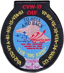 Carrier Air Wing 17 (CVW-17) Mediterranean / Arabian Gulf Cruise 2004
Established as Carrier Air Group EIGHTY TWO (CVG-82) on 1 Apr 1944. Redesignated Carrier Air Group SEVENTEEN (CVAG-17) on 15 Nov 1946; Carrier Air Group SEVENTEEN (CVG-17) in Sept 1948. Disestablished on 15 Sept 1958. Carrier Air Wing Seventeen (CVW-17) was reactivated on 1 Nov 1966-.

18 Jun-13 Dec 2004, Mediterranean / Arabian Gulf Cruise

Fighter Squadron ONE ZERO THREE (VF-103)(F-14B), Strike Fighter Squadron THREE FOUR (VFA-34)(F/A-18C), Strike Fighter Squadron EIGHT ONE (VFA-81)(F/A-18C), Strike Fighter Squadron EIGHT THREE (VFA-83)(F/A-18C), Electronic Attack Squadron ONE THREE TWO (VAQ-132)(EA-6B), Sea Control Squadron THREE ZERO (VS-30)(S-3B), Carrier Airborne Early Warning Squadron ONE TWO FIVE (VAW-125)(E-2C), Helicopter Anti-Submarine Squadron ONE FIVE (HS-15)(SH-60F, HH-60H) & Fleet Logistics Support Squadron 40 (VRC-40)(C-2A).
CVW-17 OIF THE BIG JOHN TO HELL AND BACK SUMMER & FALL 04 VAQ-132 VFA-81 HS-15 VFA-83 VF-103 VS-30 VFA-34 VAW-125

