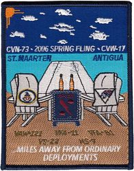 Carrier Air Wing 17 Caribbean Cruise 2006
Established as Carrier Air Group EIGHTY TWO (CVG-82) on 1 Apr 1944. Redesignated Carrier Air Group SEVENTEEN (CVAG-17) on 15 Nov 1946; Carrier Air Group SEVENTEEN (CVG-17) in Sept 1948. Disestablished on 15 Sept 1958. Carrier Air Wing Seventeen (CVW-17) was reactivated on 1 Nov 1966-.

Strike Fighter Squadron ELEVEN (VFA-11)(F/A-18F), Strike Fighter Squadron EIGHT ONE (VFA-81)(F/A-18C), Sea Control Squadron TWO TWO (VS-22)(S-3B), Carrier Airborne Early Warning Squadron ONE TWO ONE (VAW-121)(E-2C), Fleet Logistics Support Squadron FOUR ZERO (VRC-40)(C-2A), Helicopter Anti-Submarine Squadron SEVEN (HS-7)(SH-60F, HH-60H).

Caribbean Cruise, 4 Apr-24 May 2006


