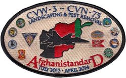 Carrier Air Wing 3 (CVW-3) Mediterranean & Arabian Gulf Cruise 2013-2014
Established as Saratoga Air Group on 1 Jul 1938. Redesignated Carrier Air Group THREE (CVG-3) on 25 Sep 1943; Attack Carrier Air Group THREE (CVAG-3) on 15 Nov 1946; Carrier Air Group THREE (CVG-3) on 1 Sep 1948; Carrier Air Wing THREE (CVW-3) on 20 Dec 1963-.

22 Jul 2013-18 Apr 2014, Operation Enduring Freedom

Squadrons: Strike Fighter Squadron THREE TWO(VFA-32)(F-18F), Strike Fighter Squadron THREE SEVEN (VFA-37)(F/A-18C), Strike Fighter Squadron ONE ZERO FIVE (VFA-105)(F/A-18E), Marine Strike Fighter Squadron 312 (VFA-312)(F/A-18C), Electronic Attack Squadron ONE THREE ZERO (VAQ-130)( EA-6B), Carrier Airborne Early Warning Squadron ONE TWO SIX (VAW-126)(E-2C 2000 NP), Helicopter Anti-Submarine Squadron SEVEN (HS-7)( SH/HH-60F/H) & Helicopter Maritime Strike SEVEN FOUR (HSM-74)(MH-60R).

