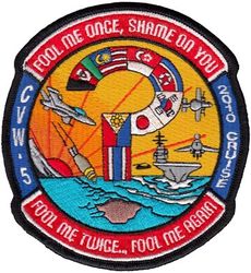 Carrier Air Wing 5 (CVW-5) Western Pacific Cruise 2010
Established as Carrier Air Group FIVE (CVG-5) on 15 Feb 1943. Redesignated Attack Carrier Air Group FIVE (CVAG-5) on 15 Nov 1946; Carrier Air Group FIVE (CVG-5) on 1 Sep 1948; Carrier Air Wing FIVE (CVW-5) on 20 Dec 1963-.

14 Jun-1 Nov 2010, USS George Washington, (CVN-73), Western Pacific Cruise

Squadrons: Strike Fighter Squadron TWO SEVEN (VFA-27)(F/A-18E), Strike Fighter Squadron ONE ZERO TWO (VFA-102)(F-18F), Strike Fighter Squadron ONE ONE FIVE (VFA-115)(F/A-18E), Strike Fighter Squadron ONE NINE FIVE (VFA-195)(F/A-18C(N)), Electronic Attack Squadron ONE THREE SIX (VAQ-136)(EA-6B), Carrier Airborne Early Warning Squadron ONE ONE FIVE (VAW-115)(E-2C 2000 NP), Helicopter Anti-Submarine Squadron FOURTEEN (HS-14)( HH/SH-60H/F) & Helicopter Maritime Strike Squadron FIVE ONE Detachment 3 (HSL-51 Det-3)(SH-60B).

