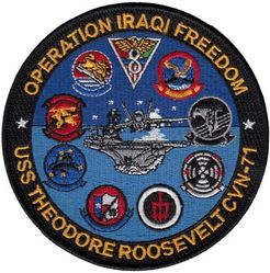 Carrier Air Wing 8 (CVW-8) Mediterranean & Arabian Gulf Cruise 2003
Established as Carrier Air Group EIGHT (CVG-8) on 9 Apr 1951. Redesignated Carrier Air Wing EIGHT (CVW-8) on 20 Dec 1963-.

Fighter Squadron TWO ONE THREE (VF-213)(F-14B), Strike Fighter Squadron FIFTEEN (VFA-15)(F/A-18C), Strike Fighter Squadron EIGHT SEVEN (VFA-87)(F/A-18C), Strike Fighter Squadron TWO ZERO ONE (VFA-201)(F/A-18A), Electronic Attack Squadron ONE FOUR ONE (VAQ-141)(EA-6B), Carrier Airborne Early Warning Squadron ONE TWO THREE (VAW-123)(E-2C), Sea Control Squadron TWO FOUR (vs-24)(S-3B) & Helicopter Anti-Submarine Squadron THREE (HS-3)( SH/HH-60F/H.
Mediterranean & Arabian Gulf Cruise, 4 Feb-29 May 2003
Operation Enduring Freedom & Operation Iraqi Freedom

