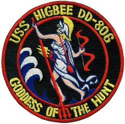 DD-806 USS Higbee 
Name. USS Higbee (DD-806)
Namesake. Chief Nurse Lenah S. Higbee (1874–1941)
Builder. Bath Iron Works, Bath, Maine, U.S.
Laid down. 26 Jun 1944
Launched. 13 Nov 1944
Commissioned. 27 Jan 1945
Decommissioned. 15 Jul 1979
Reclassified: DDR-806, 18 Mar 1949; DD-806, 1 Jun 1963
Stricken. 15 Jul 1979
Nickname. Leaping Lenah
Honors and awards:	
1 battle star (World War II)
7 battle stars (Korea)
Fate. Sunk as a target, 24 Apr 1986
Class and type. Gearing-class destroyer
Displacement. 2,425 long tons (2,464 t)
Length. 390 ft 6 in (119.02 m)
Beam. 40 ft 10 in (12.45 m)
Draft. 14 ft 4 in (4.37 m)
Propulsion. Geared turbines, 2 shafts, 60,000 shp (45 MW)
Speed. 35 knots (65 km/h; 40 mph)
Range. 4,500 nmi (8,300 km) at 20 kn (37 km/h; 23 mph)
Complement. 336
Armament:	
6 × 5"/38 caliber guns
12 × 40 mm AA guns
11 × 20 mm AA guns
10 × 21-inch (533 mm) torpedo tubes
6 × depth charge projectors
2 × depth charge tracks
1 x RUR-5 ASROC Anti Submarine Rocket

