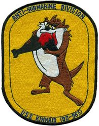 DD-965 USS Kinkaid Anti-Submarine Division
Namesake. Thomas C. Kinkaid, (1888-1972) admiral in the USN known for his service during WW-II, known as the "fighting admiral" in the aircraft carrier battles of 1942 and commanded the Allied forces in the Aleutian Islands Campaign
Ordered. 1 Jun 1970
Builder. Ingalls Shipbuilding, MI
Laid down. 19 Apr 1973
Launched. 25 May 1974
Acquired. 1 Jun 1976
Commissioned. 10 Jul 1976
Decommissioned. 7 Jan 2003
Stricken. 6 Apr 2004
Motto. Steadfast and True
Fate. Sunk as target, 14 Jul 2004
Class and type. Spruance-class destroyer
Displacement. 8,040 (long) tons full load
Length. 529 ft (161 m) waterline; 563 ft (172 m) overall
Beam. 55 ft (16.8 m)
Draft. 29 ft (8.8 m)
Propulsion. 4 × General Electric LM2500 gas turbines, 2 shafts, 80,000 shp (60 MW)
Speed. 32.5 knots (60.2 km/h; 37.4 mph)
Range.
6,000 nautical miles (11,000 km; 6,900 mi) at 20 knots (37 km/h; 23 mph)
3,300 nautical miles (6,100 km; 3,800 mi) at 30 knots (56 km/h; 35 mph)
Complement. 19 officers, 315 enlisted
Sensors and processing systems. AN/SPS-40 air search radar, AN/SPG-60 fire control radar, AN/SPS-55 surface search radar, AN/SPQ-9 gun fire control radar, Mark 23 TAS automatic detection and tracking radar, AN/SPS-65 Missile fire control radar, AN/SQS-53 bow mounted Active sonar, AN/SQR-19 TACTAS towed array Passive sonar, Naval Tactical Data System
Electronic warfare & decoys. AN/SLQ-32 Electronic Warfare System, AN/SLQ-25 Nixie Torpedo Countermeasures, Mark 36 SRBOC Decoy Launching System, AN/SLQ-49 Inflatable Decoys
Armament.	
2 x 5 in (127 mm) 54 calibre Mark 45 dual purpose guns
2 x 20 mm Phalanx CIWS Mark 15 guns
1 x 8 cell ASROC launcher (removed)
1 x 8 cell NATO Sea Sparrow Mark 29 missile launcher
2 x quadruple Harpoon missile canisters
2 x Mark 32 triple 12.75 in (324 mm) torpedo tubes (Mk 46 torpedoes)
1 x 61 cell Mk 41 VLS launcher for Tomahawk missiles
Aircraft carried. 2 × Sikorsky SH-60 Seahawk LAMPS III helicopters.
Aviation facilities. Flight deck and enclosed hangar for up to two medium-lift helicopters

