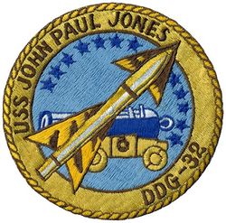 DDG-32 USS John Paul Jones 
Name. USS John Paul Jones (DD-932/DDG-32)
Namesake. John Paul Jones (Scottish-American naval captain, 1747-1792)
Builder.	Bath Iron Works
Laid down. 18 Jan 1954
Launched. 7 May 1955
Commissioned. 5 Apr 1956
Decommissioned. 15 Dec 1982
Reclassified. DDG-32, 15 Mar 1967
Stricken. 30 Nov 1985
Motto. I have not yet begun to fight
Fate. Sunk as a target, 31 January 2001
Class and type. Forrest Sherman-class destroyer
Displacement. 4619 tons
Length. 418 ft (127.4 m)
Beam. 44 ft 11 in (14.7 m)
Draft. 15 ft (4.6 m)
Propulsion. Geared Turbines, 2 screws
Speed. 33 knots (61 km/h; 38 mph)
Complement. 324 officers and enlisted
Armament:	
3 × 5"/54 (127 mm/54) DP gun (3x1)
4 × 3"/50 (76 mm/50) (2x2)
2 Hedgehog ASW Mortars
4 × 21 inch (533 mm) TT (4x1)
6 × 12.75" (324 mm) Mk 32 ASW TT (2x3)
After DDG conversion:
1 × 5"/54 (127 mm/54) DP (3x1)
6 × 12.75" (324 mm) Mk 32 ASW TT (2x3)
one Mk 13 Mod 4 single-arm launcher for SM-1MR Standard anti-ship/air missiles (40 round magazine)
ASROC


